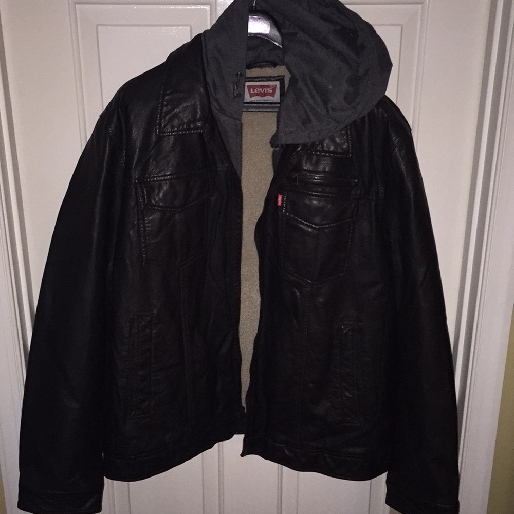Levi’s 4 pocket leather jacket with grey hood